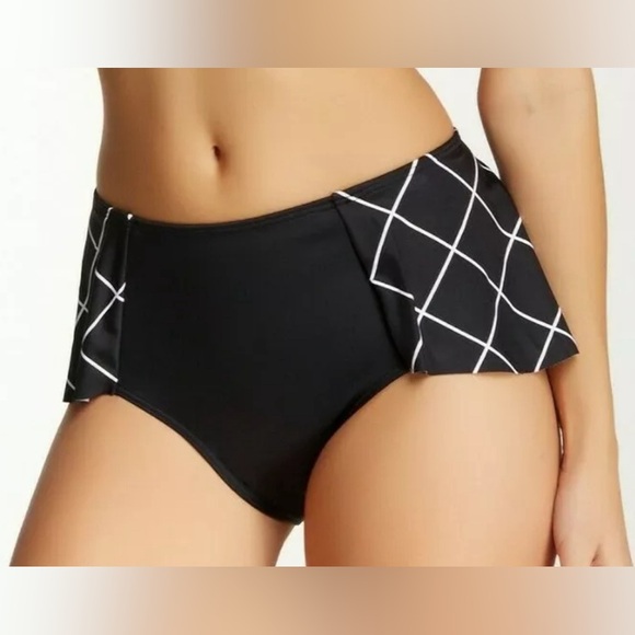 NWT Spanx Womens 10 Flirty Skirted Swim Bikini Bottom Mid Rise Black Geo NWT $78 - Picture 2 of 10